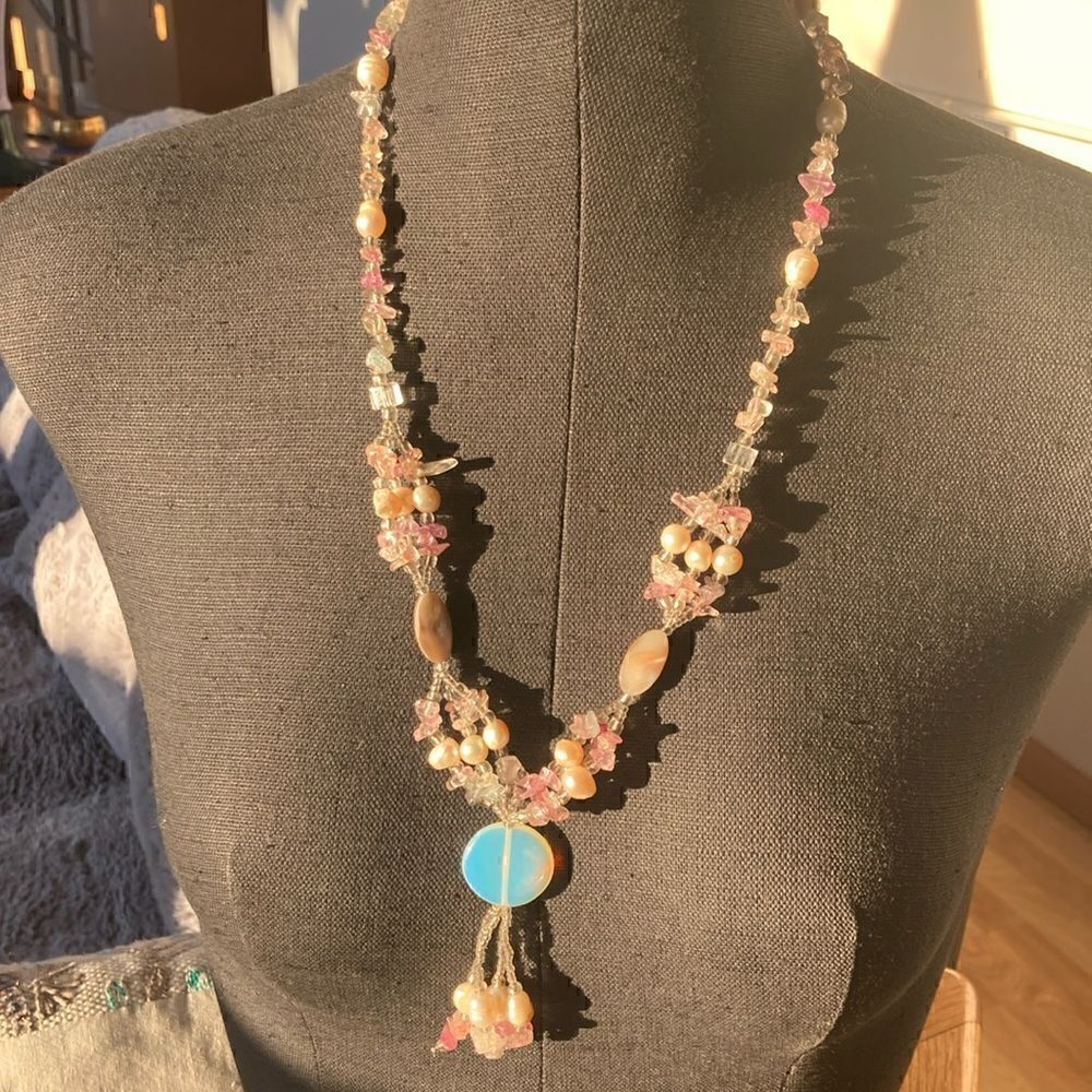 Vintage 60’s Barbiecore Pink glass bead pearl pendant statement necklace